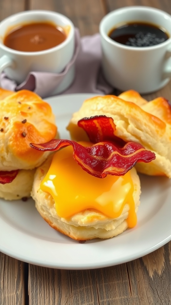 Flaky bacon, egg, and cheese biscuits on a wooden table with coffee.